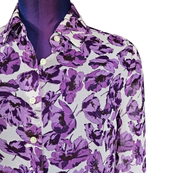 Banana Republic‎ Purple & White Floral Semi Sheer Button Front Top Size 2 S36 - Picture 2 of 8